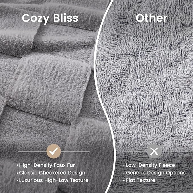 Cozy Bliss Checkered White Faux Rabbit Fur Throw Blanket, Soft Fuzzy Fluffy Minky Cream Furry Blankets for Couch, Bed (Grey, King(108" x 90"))