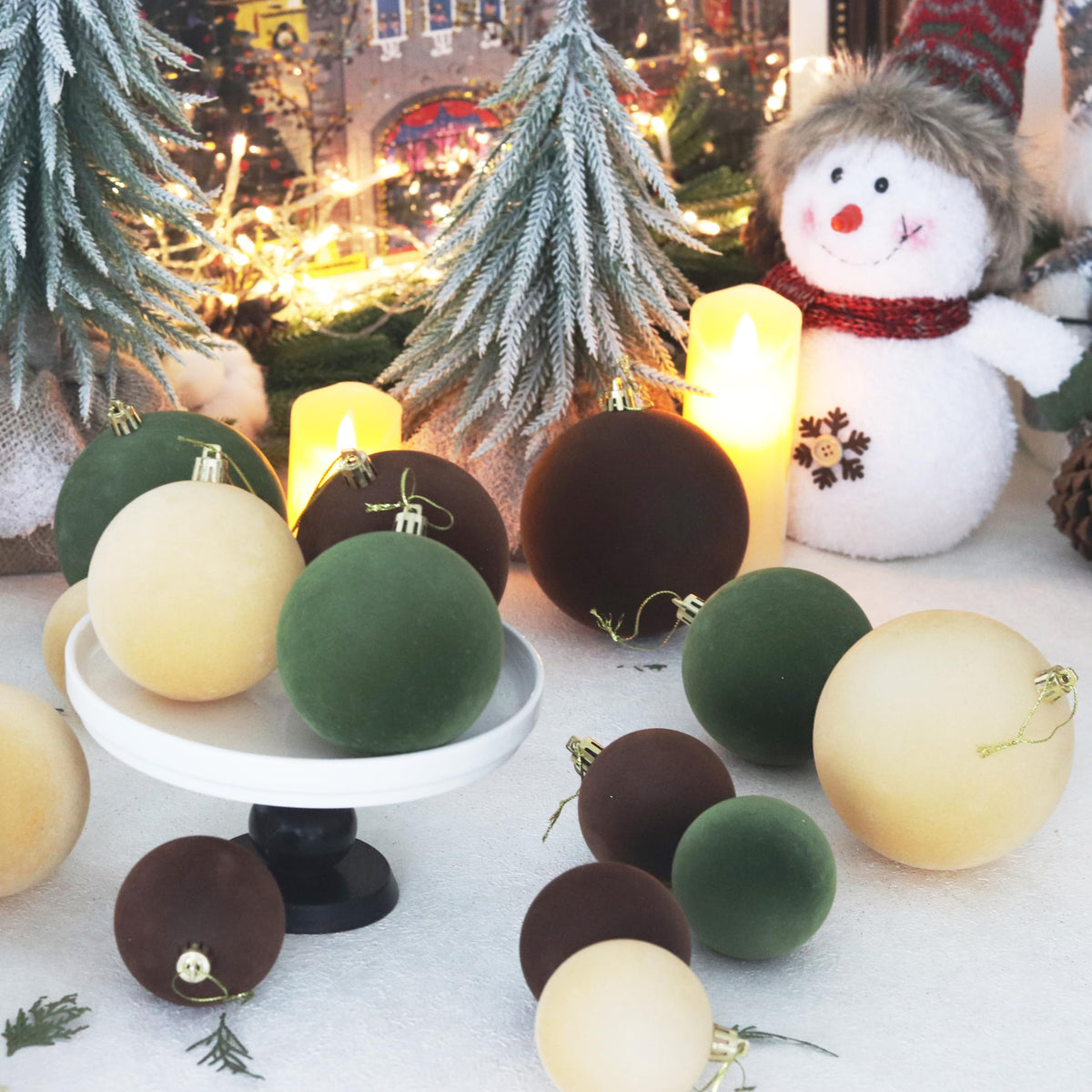 Senjie 30pcs Velvet Christmas Balls Ornaments 2.36in Brown Green Khaki