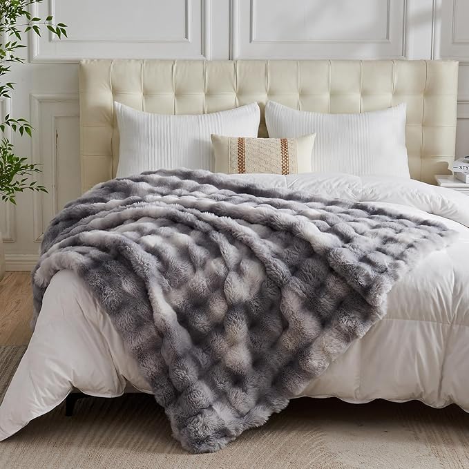 Lotus Karen Faux Fur Blanket Tie-Dye Gray - Big Bubble Rabbit Fluff King Throws for The Bed Large Fluffy Fuzzy Cozy Thick Furry Plush Shaggy Blankets for Men 108x90 Inches