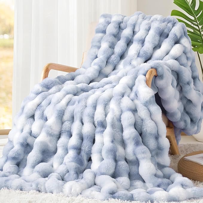 Touchat Luxury 1000GSM Rabbit Faux Fur Blanket, Super Heavy Warm Cozy Brown Blankets for Couch Bed Sofa, Ruched Plush Fuzzy Elegant Soft Reversible Mink Blanket Living Room Bedroom, 90" x 90"