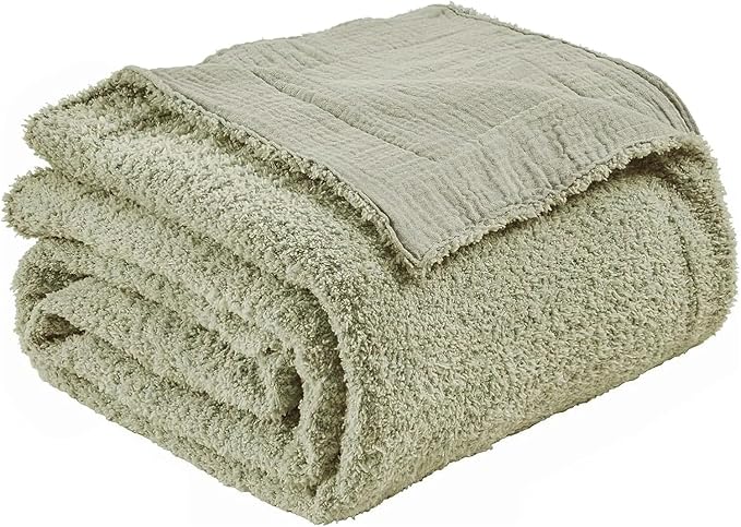 EMME Muslin and Fleece Twin Blanket Reversible - 60"*80" Sage Green Soft Warm Throw Blankets for Couch Bed Picnic Travel Bed