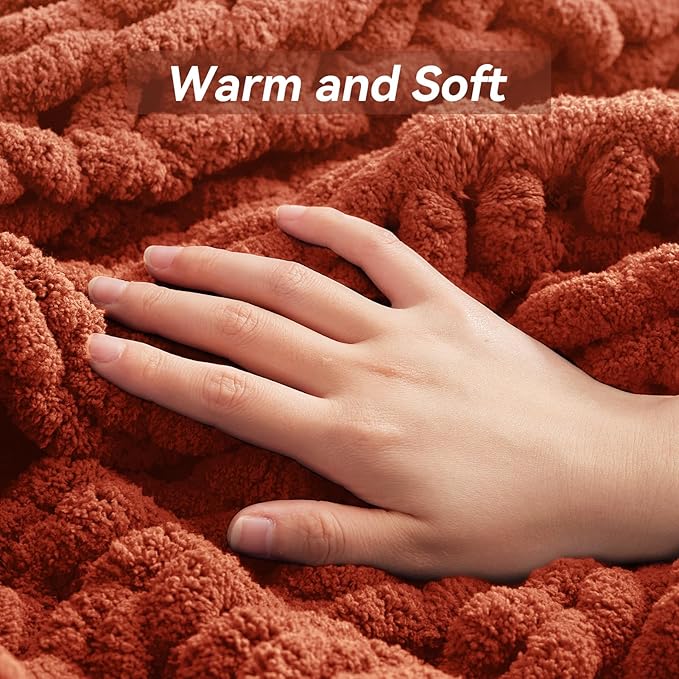 Chunky Knit Throw Blanket, 40''*50'' Fall Throw Blanket Knitted Chenille Yarn for Bed Couch, Handmade Orange Crochet Big Thick Blanket, Machine Washable Cute Comfy Blankets for Home Decor
