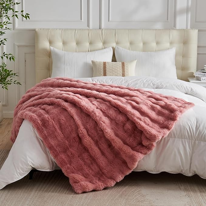 Lotus Karen Faux Fur Throw Blanket Old Pink - Big Bubble Rabbit Fluff Blanket for Couch, Small Fluffy Fuzzy Cozy Blanket, Thick Furry Plush Shaggy Blankets, 50x60 Inches