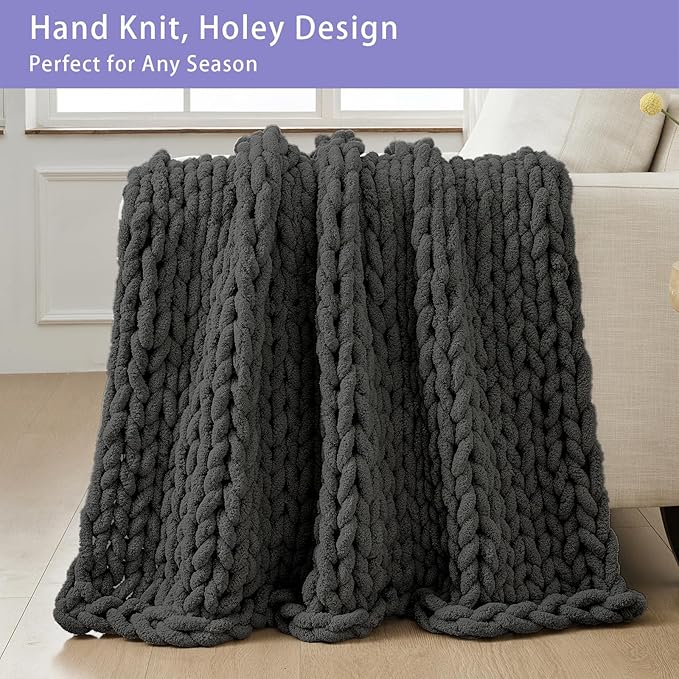 Bigacogo Chunky Knit Throw Blanket for Couch, 80x90 inches, 100% Hand Knitted with Thick Jumbo Chenille Yarn, Cozy Soft Large Rope Knot Cable Crochet Blankets for Sofa Bed Living Room, Dark Grey