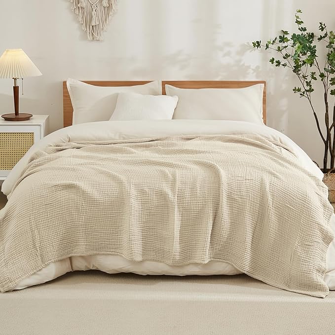 EMME Cotton Blanket Queen Size for Bed Soft Muslin Bed Blankets 90"x90" Lightweight Breathable Bedspread Coverlet All Season Gauze, Light Tan