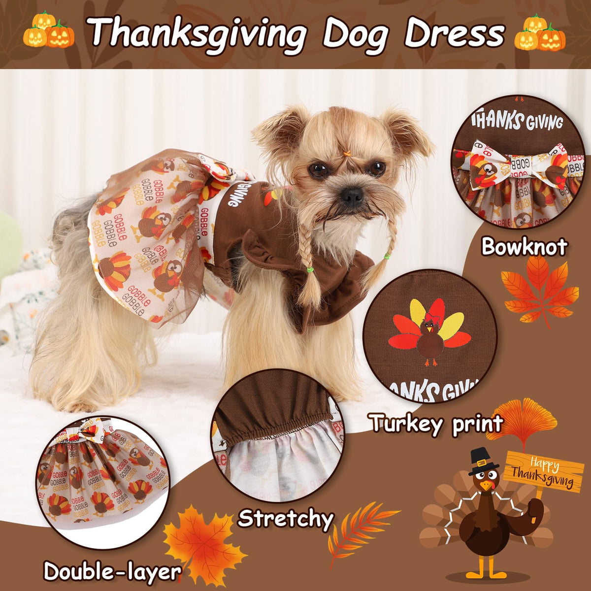 Sebaoyu Thanksgiving Dog Dress Brown Turkey Skirt Small Size