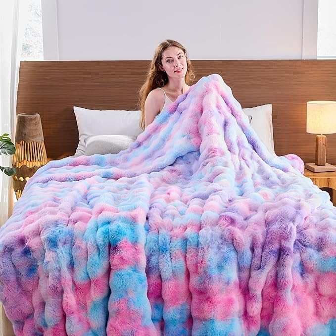 Lotus Karen Faux Fur Throw Blanket Tie-Dye Purple Rainbow - Big Bubble Rabbit Fluff Blanket for Couch, Small Fluffy Fuzzy Cozy Blanket,Thick Furry Plush Shaggy Blankets,50x60 Inches