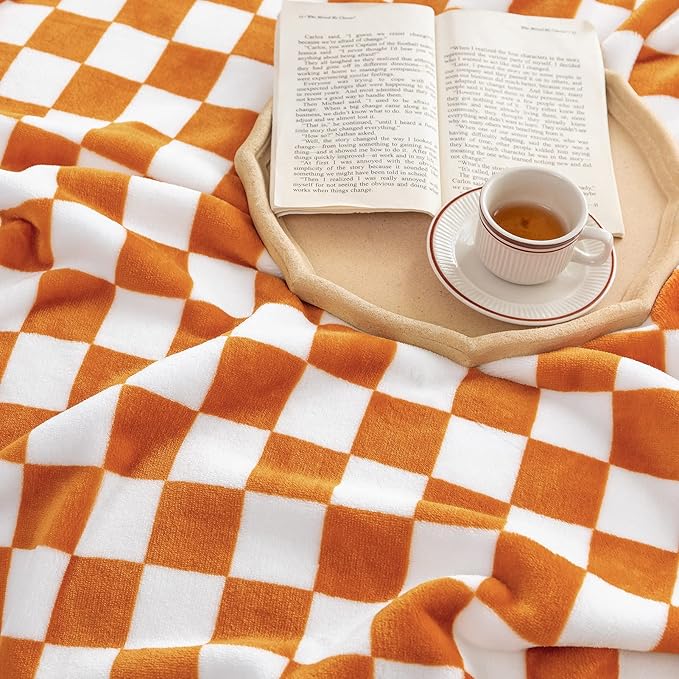 LOMAO Throw Blankets Flannel Blanket with Checkerboard Grid Pattern Soft Throw Blanket for Couch, Bed, Sofa Luxurious Warm and Cozy for All Seasons (Orange, 90"x90")