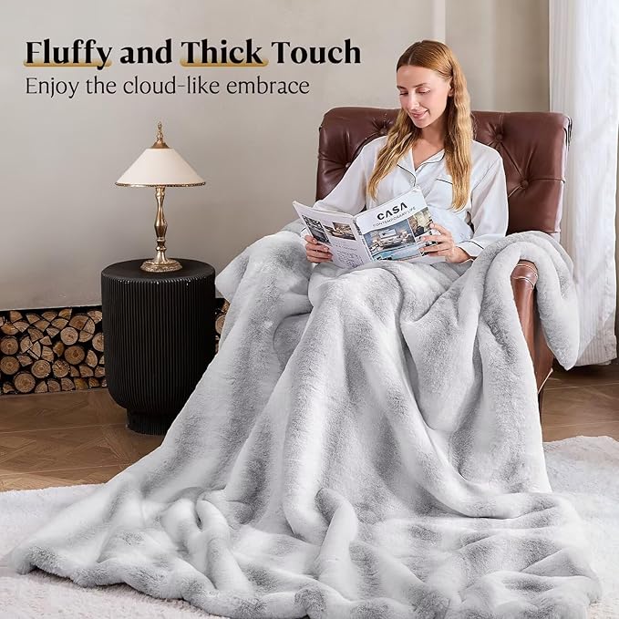 Luxury Faux Fur Blanket - Soft Warm Plush Blankets for Couch Sofa Bed, Fluffy Thick Throws for Bedroom, Office, Living Room, Decorative Reversible, Not Easy to shed - 70"x90", Grey/White