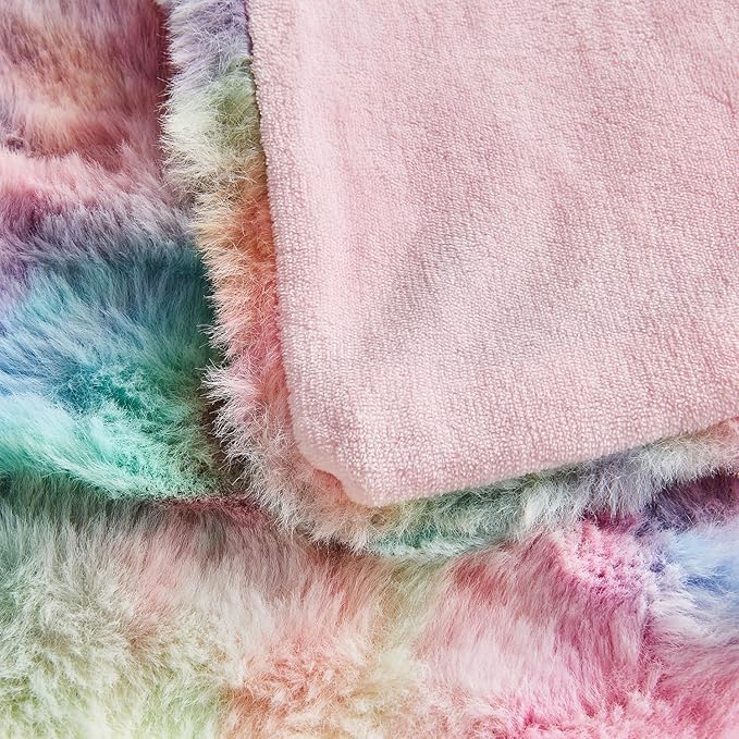 Lotus Karen Faux Fur Throw Blanket Rainbow - Big Bubble Rabbit Fluff Blanket for Couch, Small Fluffy Fuzzy Cozy Blanket, Thick Furry Plush Shaggy Blankets, 50x60 Inches