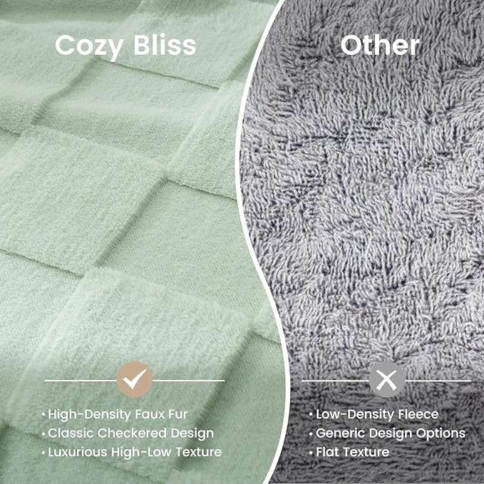 Cozy Bliss Checkered White Faux Rabbit Fur Throw Blanket, Soft Fuzzy Fluffy Minky Cream Furry Blankets for Couch, Bed (Sage Green, Queen(90" x 90")