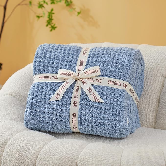 Snuggle Sac Blue Waffle Bedding Blankets Queen Size 90x90 inches, Reversible Microfiber Fluffy Fuzzy Soft Throw Cozy Knit Blanket for Women Mothers Birthday Gifts