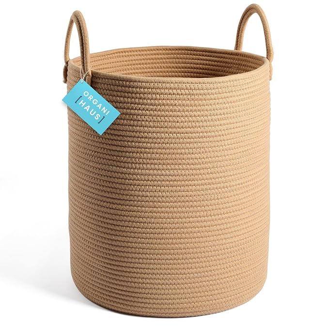 OrganiHaus Large Woven Baskets for Storage 15x18, Cotton Rope Baskets for Storage, Tall Blanket Basket for Living Room, Nursery Laundry Basket, Big Basket for Toys, Basket for Blankets, Honey