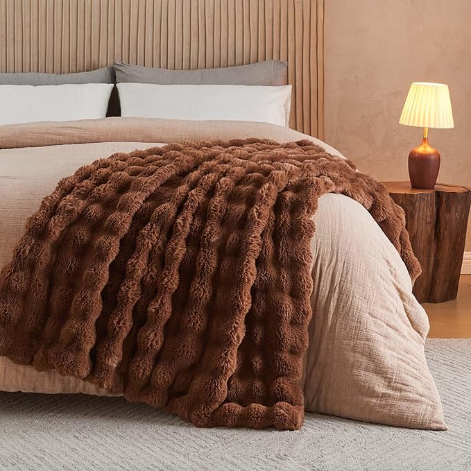 Lotus Karen Faux Fur Throw Blanket Dark Coffee - Big Bubble Rabbit Fluff Blanket for Couch Bed Sofa,Softest Fluffy Fuzzy Cozy Blanket,Thick Furry Plush Shaggy Warm Blankets for Women,108x90 Inches