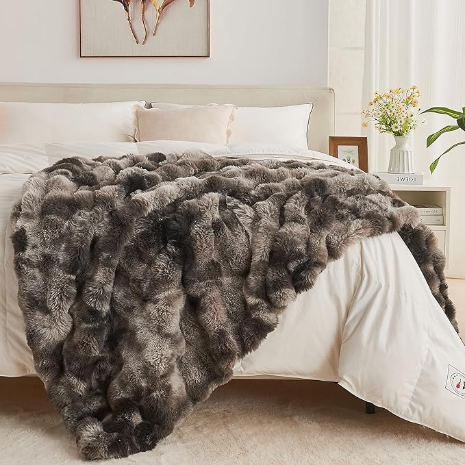 Lotus Karen Faux Fur Blanket Tie-Dye Dark Gray Twin Size - Big Bubble Rabbit Fluff Throw for Couch Small Fluffy Fuzzy Cozy Thick Furry Plush Shaggy Blankets 60x80 Inches