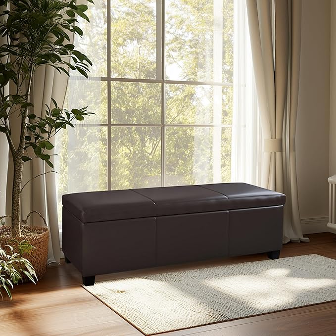 BELLEZE 47 Inch Storage Ottoman, Faux Leather Storage Bench Bedroom Bench with Safety Close Hinge, Ottoman with Storage for Living Room, Entryway, Hallway, Foot Rest, Support 300lbs - Brown