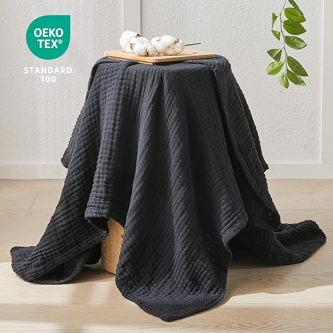 EMME Cotton Muslin Large Throw Blanket Couch Breathable Gauze Blanket Soft Lightweight Bed Blankets Adults (Black, 50"x70")