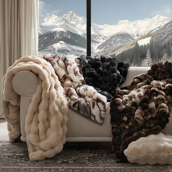 EVERGRACE Ultra Soft Luxury Fluffy Ridgeline Faux Rabbit Fur Throw Blanket, Thick Warm Bubble Throw for Bed, Cozy Plush Reversible Blankets for Couch, Chair, Sofa, Beige & Gray, 50x60 Inches, 870 GSM