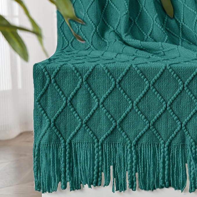 inhand Knitted Throw Blankets for Couch and Bed, Soft Cozy Knit Blanket with Tassel, Blue Lightweight Decorative Blankets and Throws, Farmhouse Warm Woven Blanket for Men and Women, 60"x80"