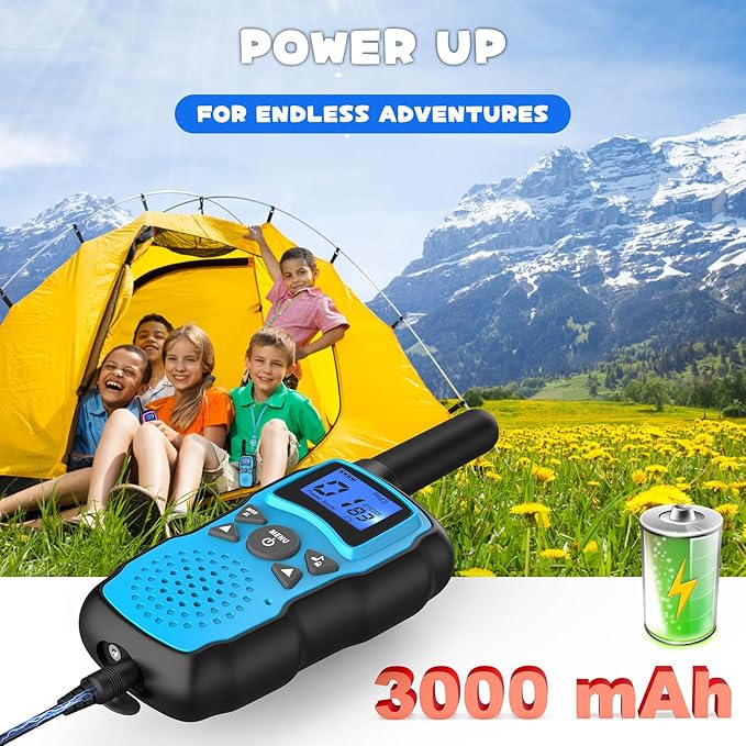 Wishouse Walkie Talkies for Kids Rechargeable with USB Charger 6000mAh Battery,Outdoor Camping Games with Flashlight Lanyard,Toys for Girls,Halloween Xmas Birthday Gift for Children 2 Pack Blue