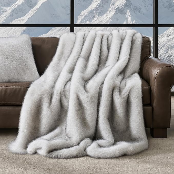 Luxury Faux Fur Throw Blanket, Soft Fluffy Faux Mink Blankets for Bed, Couch, Sofa, Thick Cozy Plush Warm Fur Throws with Reversible Velvet, Frosted White Wolf, 60"x80"