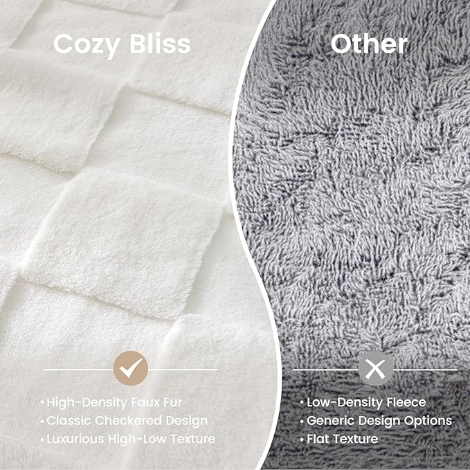 Cozy Bliss Checkered White Large Faux Rabbit Fur Twin Bed Blanket, Soft Fuzzy Fluffy Minky Cream Furry Blankets for Couch, Bed, Adults (60 * 80 Inches Ivory)