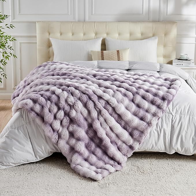 Lotus Karen Faux Fur Throw Blanket Tie-Dye Purple-Big Bubble Rabbit Fluff Blanket for Couch,Small Fluffy Fuzzy Cozy Blanket,Thick Furry Plush Shaggy Blankets,50x60 Inches