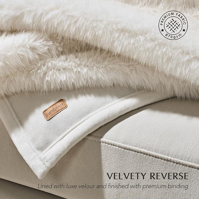 Luxury Faux Fur Throw Blanket, Soft Fluffy Faux Mink Blankets for Bed, Couch, Sofa, Thick Cozy Plush Warm Fur Throws with Reversible Velvet, Ivory Mink, 60"x80"