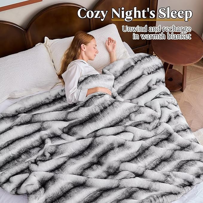 Luxury Faux Fur Blanket - Soft Warm Plush Blankets for Couch Sofa Bed, Fluffy Thick Throws for Bedroom, Office, Living Room, Decorative Reversible, Not Easy to shed- 70"x90", Black/White