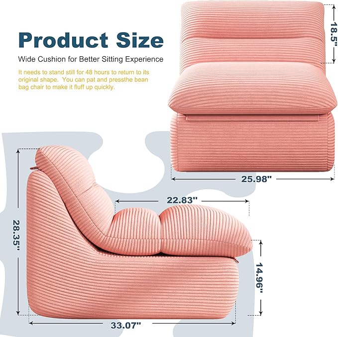 Misolant Bean Bag Chairs，Big Corduroy Fabric Sofa Bean Bag Chair for Adults and Teens with High-Resilience Sponge, Non-Slip Base Floor Lounge Sofa for Home, Living Room, Bedroom, Gaming Pink