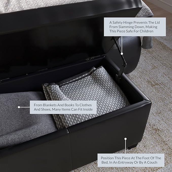 BELLEZE 47 Inch Storage Ottoman, Faux Leather Storage Bench Bedroom Bench with Safety Close Hinge, Ottoman with Storage for Living Room, Entryway, Hallway, Foot Rest, Support 300lbs - Black