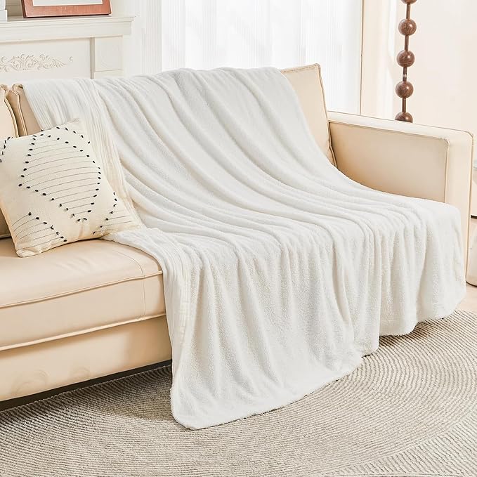 EMME Muslin and Fleece Twin Blanket Reversible - 60"*80" Cream Soft Warm Throw Blankets for Couch Bed Picnic Travel Bed