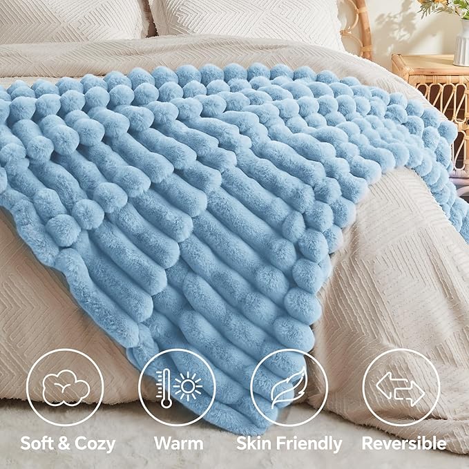 BEDELITE Faux Rabbit Fur Blanket, Luxurious 3D Striped Spring Blanket for Decor & Gift, Soft and Warm Plush Fluffy Faux Fur Throw Blanket All Seasons Suitable, (Light Blue, 50"x 60")