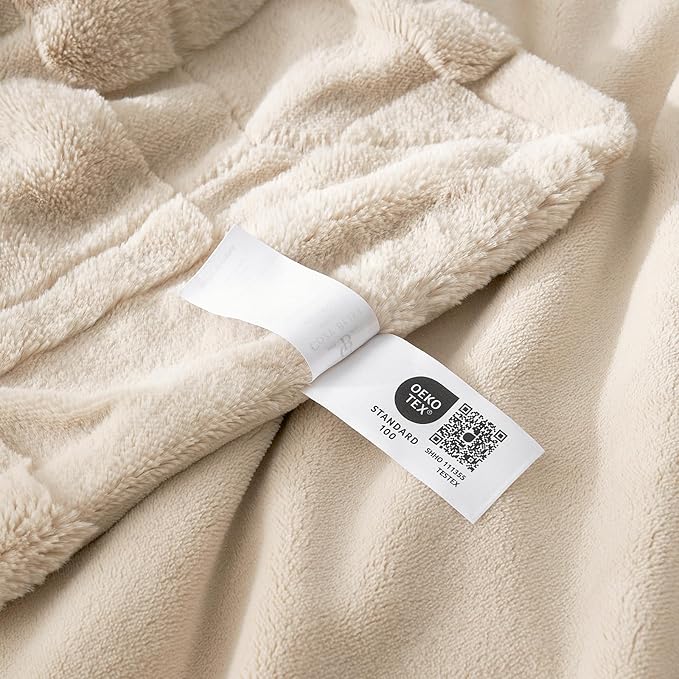 Cozy Bliss Tan Checkered Faux Rabbit Fur Throw Blanket, Soft Fuzzy Fluffy Minky Furry Blankets for Couch, Bed (50 * 60 Inches Beige)