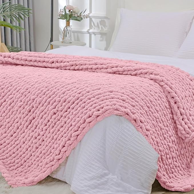 Bigacogo Chunky Knit Throw Blanket for Couch, 51x63 inches, 100% Hand Knitted with Thick Jumbo Chenille Yarn, Cozy Soft Large Rope Knot Cable Crochet Blankets for Sofa Bed Living Room, Blush Pink