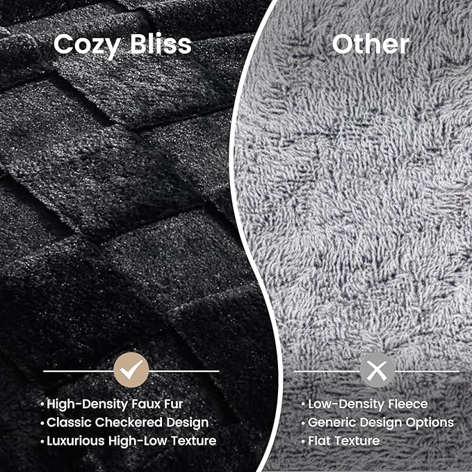 Cozy Bliss Checkered White Faux Rabbit Fur Throw Blanket, Soft Fuzzy Fluffy Minky Cream Furry Blankets for Couch, Bed (Black, King(108" x 90")