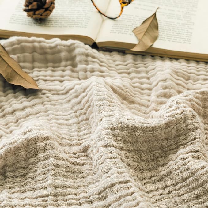 EMME Cotton Throw Blanket for Couch Soft Muslin Blankets 50"x60" Lightweight Breathable Blanket All Season Gauze Blanket, Light Tan