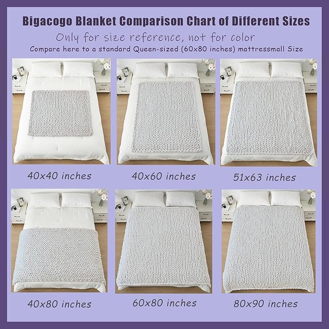 Bigacogo Chunky Knit Throw Blanket for Couch, 80x90 inches, 100% Hand Knitted with Thick Jumbo Chenille Yarn, Cozy Soft Large Rope Knot Cable Crochet Blankets for Sofa Bed Living Room, Ivory
