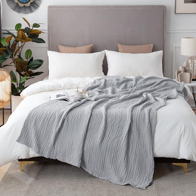 EMME Cooling Throw Blanket for Hot Flashes 100% Cotton Muslin Throw Blankets for Couch Breathable Gauze Blanket All Season Soft and Lightweight Pre-Washed Cotton Blanket (Light Grey, 50"x70")
