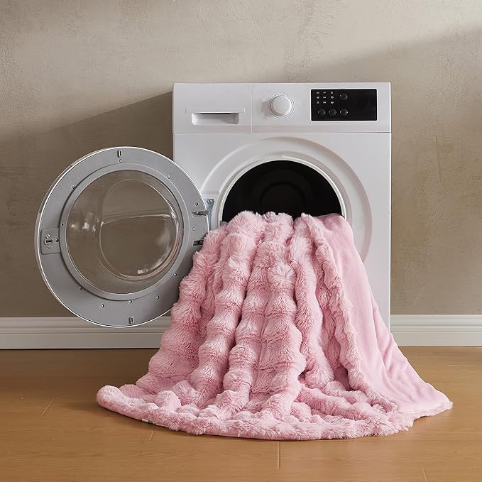 JELLYMONI Faux Fur Throw Blanket, Pink Fuzzy Cozy Plush Bubble Bed Blanket, Thick and Warm King Size (108" x 90")