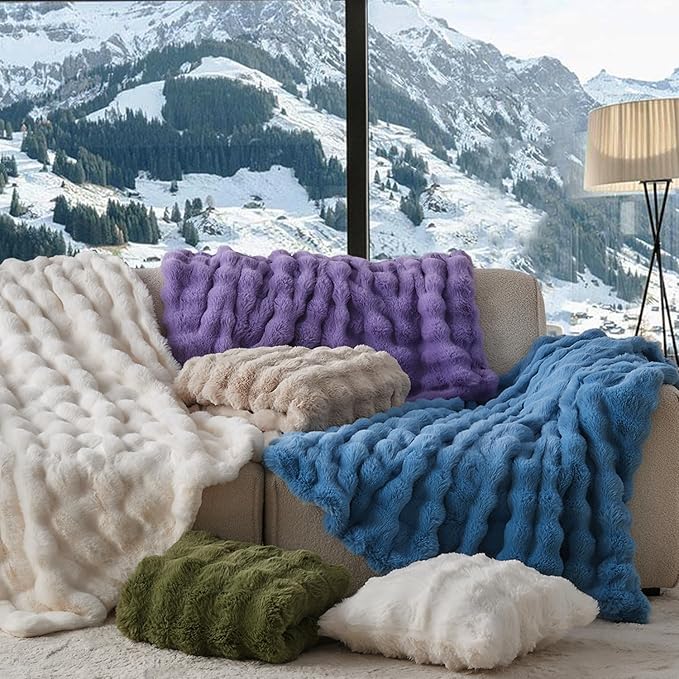 Lotus Karen Fuzzy Throw Blanket Blue - Big Bubble Faux Rabbit Fur Blanket for Couch,Softest Cozy Fluffy Blanket,Thick Furry Plush Shaggy Warm Blankets for Women,50x60 Inches
