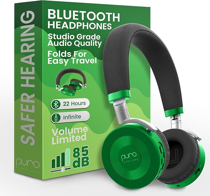 Puro Sound Labs JuniorJam Plus Volume-Limiting Wireless Bluetooth Headphones for Kids, Secure Audio with Adjustable On-Ear Design, 22-Hour Battery, Ideal for Tablets, Smartphones & PCs - Green