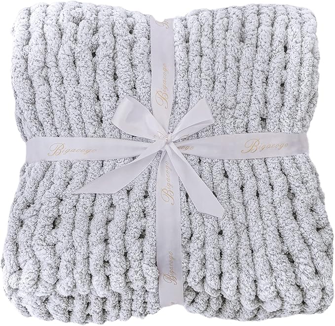 Bigacogo Chunky Knit Throw Blanket for Couch, 51x63 inches, 100% Hand Knitted with Thick Jumbo Chenille Yarn, Cozy Soft Large Rope Knot Cable Crochet Blankets for Sofa Bed Living Room, Light Grey