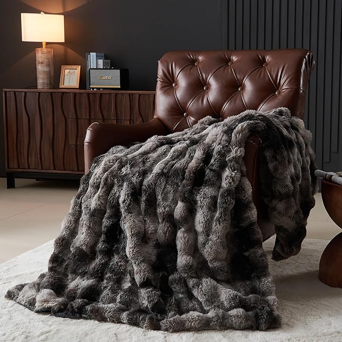 Lotus Karen Faux Fur Blanket Tie-Dye Dark Gray Twin Size - Big Bubble Rabbit Fluff Throw for Couch Small Fluffy Fuzzy Cozy Thick Furry Plush Shaggy Blankets 60x80 Inches