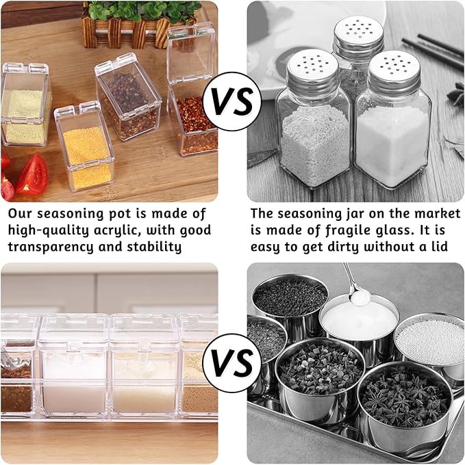 Clear Spice Containers, 4 Pieces Condiment Container with Lids for Salt Sugar, Acrylic Spice Rack Spice Container with Spoon