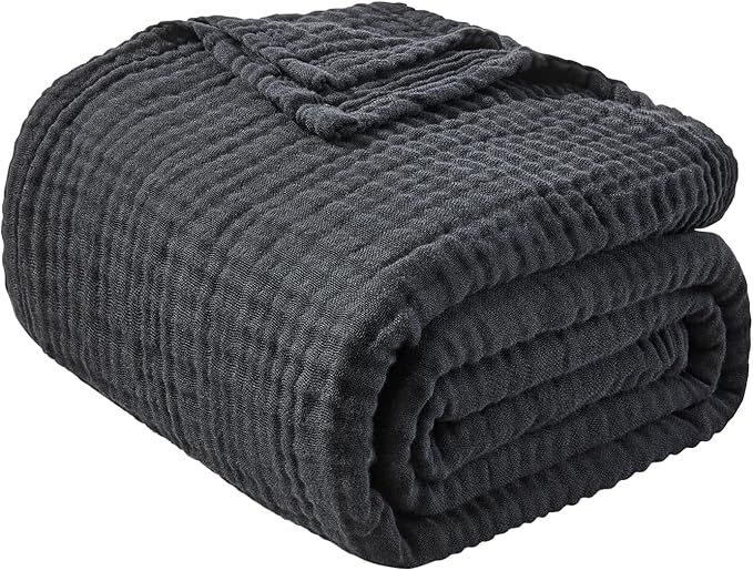 EMME Cotton Muslin Throw Blanket Couch Breathable Gauze Blanket Soft Lightweight Blankets Adults (Black, 50"x60")