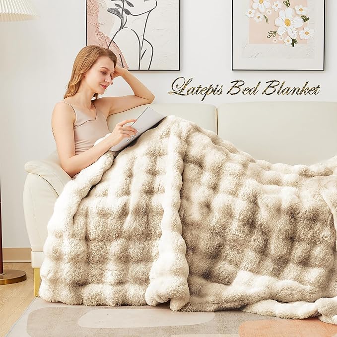 Latepis Soft Luxury Faux Fur Bubble Blanket, Thick Warm Cozy Twin Blankets for Couch, Plush Fluffy Blankets for Sofa and Bedroom, Fuzzy Blanket for Women Gift, 60” x 80”, Tie-dye Camel, 860GSM