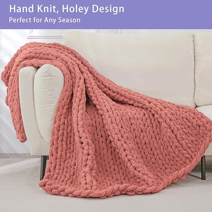Bigacogo Chunky Knit Throw Blanket for Couch, 40x80 inches, 100% Hand Knitted with Thick Jumbo Chenille Yarn, Cozy Soft Large Rope Knot Cable Crochet Blankets for Sofa Bed Living Room, Antique Red