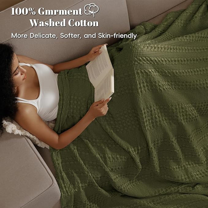 PHF 100% Cotton Waffle Weave Blanket Queen Size, Soft Lightweight Breathable Cozy Summer Blankets for Bed, Luxury Aesthetic Woven Bedding for Home Decor, 90"x90", Capulet Olive