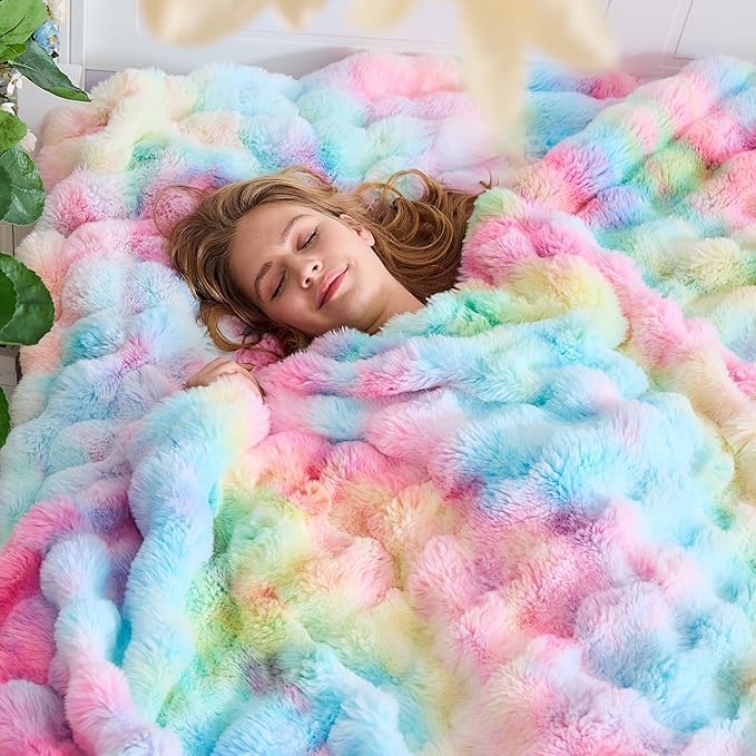 Lotus Karen King Size Faux Fur Blanket Rainbow - Big Bubble Rabbit Fluff Blanket for Bed, Large Fluffy Fuzzy Cozy Blanket, Thick Furry Plush Shaggy Blankets, 108x90 Inches